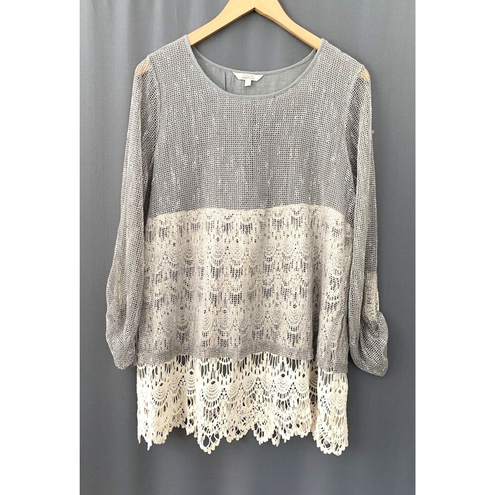 Krazy Kat Boho Ivory Crochet Silver Mesh Top Large Sequins Cottage Fairy Romance